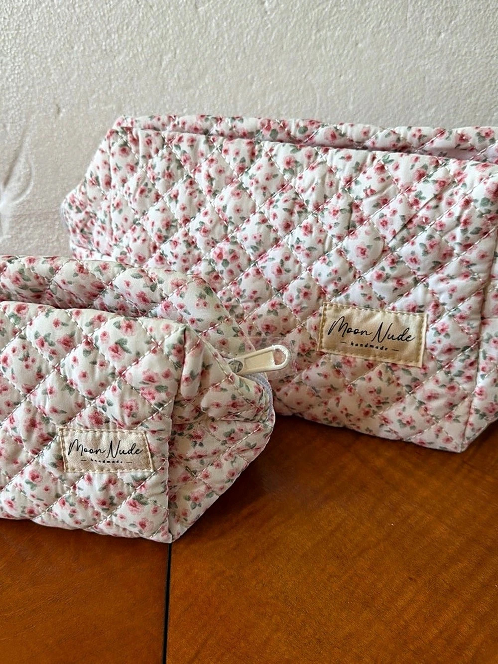 Moon Nude Floral Quilted Cosmetic Bag Set of 2 Pink roses New